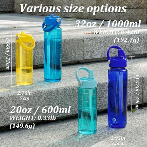 GOPPUS 600ml/20oz Clear Water Bottle with Straw, Tritan Leakproof Sports Drinking Bottle, BPA Free Wide Mouth Gym Bottle with Handle and Measurement Marks for School, Gym, Travel (Yellow) — view 2