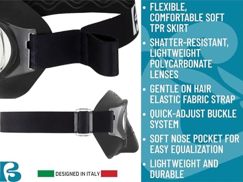 CRESSI since 1946 - Force Mask - Separate Polycarbonate Lenses and Soft TPR Face Mask Ideal Snorkelling Surface Swimming and Beach Holidays - Black Elastic Strap Black - One Size - Adult — view 4