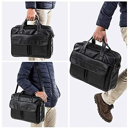 seyfocnia Mens Laptop Bag, PU Leather Messenger Bag Water Resistant Business Travel Briefcase, Work Computer Bag Satchel Bag for Men（17.3 Inch Brown） — view 2