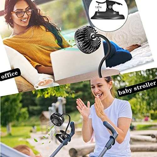 Clip On USB Mini Desk Fan with Emergency Power Bank, Battery Operated Rechargeable Portable Fan - Flexible Neck, 3 Speed Personal Cooling for Baby Stroller, Car, Camping, Office, Dorm, Beach - Black — view 5