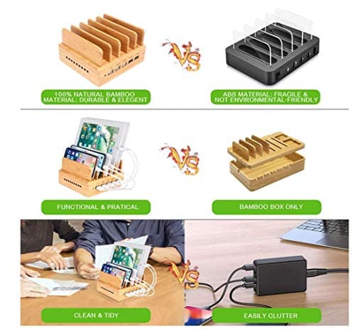 Yisen Wood 5-Port Charging Station stand Organizer for Cell Phones and Tablets (built-in charger and 5 cables) — view 6