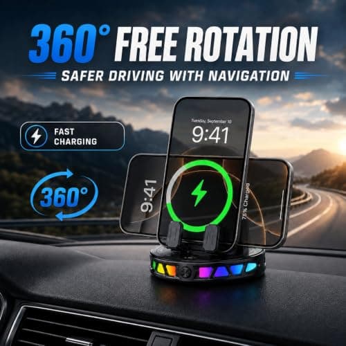 15W Car Charger Mount, RGB Auto-Clamping Phone Holder with Suction Cup — view 2