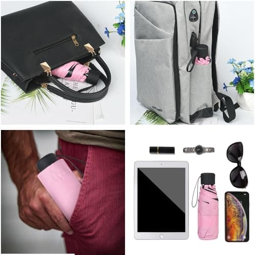 Vicloon Mini Travel Umbrella, Small Compact Umbrella with UPF50+ Protection, 210T Black Rubber Cloth & 6 Aluminum Alloy Ribs Folding Umbrellas, Lightweight Tiny Pocket Umbrellas (Pink) — view 6