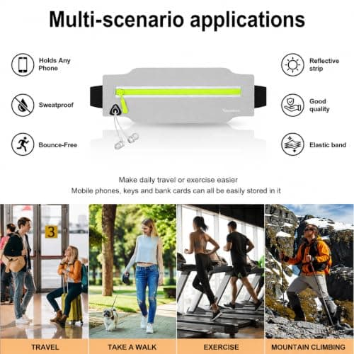 Running Belt for Men & Women, Slim Bum Bag & Running Phone Holder, No Bounce Waist Pack, Water Resistant Reflective Running Pouch, Adjustable Fitness Belt Fits All Smartphones(Grey) — view 4