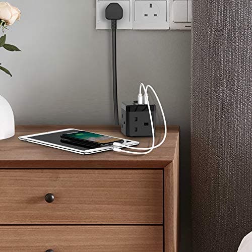 JSVER Cube Extension Lead with 3 USB Ports (5V/2.4A) 3 Outlet Power Strip with Switch Power Socket with 200cm Cable for Home, Office, Hotel, Travel -Black — view 3