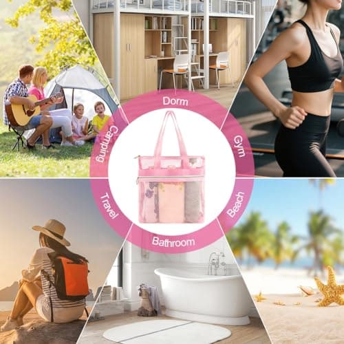 OSDUE Mesh Shower Caddy Bag, 2PCS Portable Toiletry Tote Hanging Wash Bag with Zipper, Quick Dry Shower Tote Bag for College Dorms, Gym, Swimming, Beach, Camping, Travel(Pink) — view 6