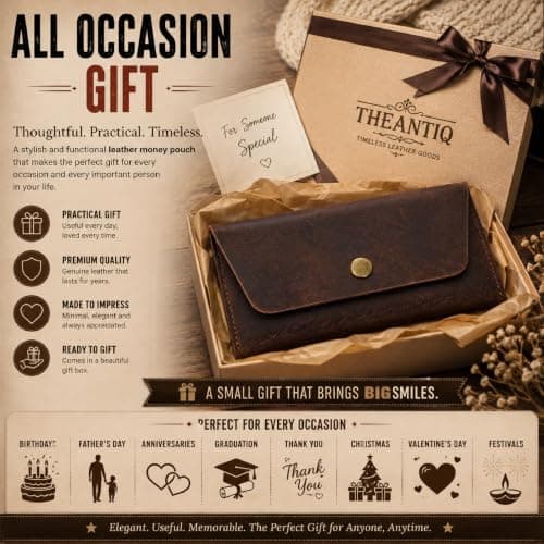 TheAntiq Leather Cash Envelope Wallet Slim Money Organiser Minimalist Travel Currency Pouch for Cash & Cards Full Grain Leather (Brown) — view 6