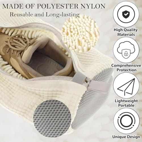 Suzmei Shoe Laundry Bag, Zipper Closure, Hand Brush Simulating Bristles, Reusable for Washing Machine and Dryer, 15.4 x 7.5 x 7.5 inches, Suitable for Tennis, Sports, Casual, Canvas Shoes（2PCS White） — view 4