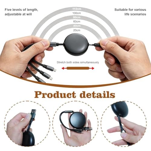 Retractable Multi Charger Cable 3 in 1, Charging Cable USB A/C to PD/USB C/Micro B, Cord For Smartphones, Laptops, Tablets, Portable Travel Car Accessories — view 3