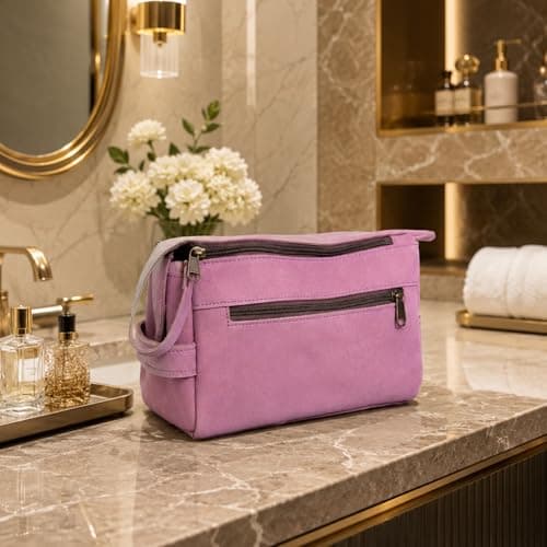 PRASTARA Leather Toiletry Bag for Men, Travel Essentials Shaving Dopp Kit Bathroom Shower Toiletries Organizer, Cosmetic Make up Bag for Women (MAGENTA) — view 2