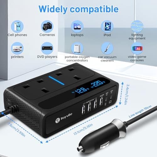 200W Car Power Inverter 12V to 240V / 230V with 2 Sockets, 4 USB Ports and 2 Type-C Ports,Fast Charging Car Voltage Converter Inverter,with Cigarette Lighter Plug,Suitable for Laptops, iPads (CV01) — view 4