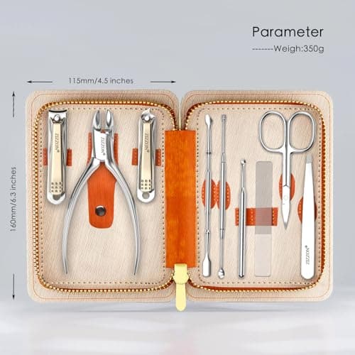 ZIZZON Manicure Set Professional Stainless Steel Toenail and Fingernail Clippers Set 9 in1 Pedicure and Grooming kit with PU Leather Case (Orange) — view 5