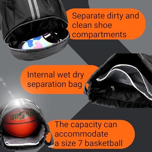 WUBAYI Football Boot Bag, Sports Kit Gym Sack Swimming PE Large Drawstring Bag Unisex With Wet And Dry Separation, Waterproof Gym Bag for Adults Men Women Travel, Sports Beach Holidays(Black) — view 3