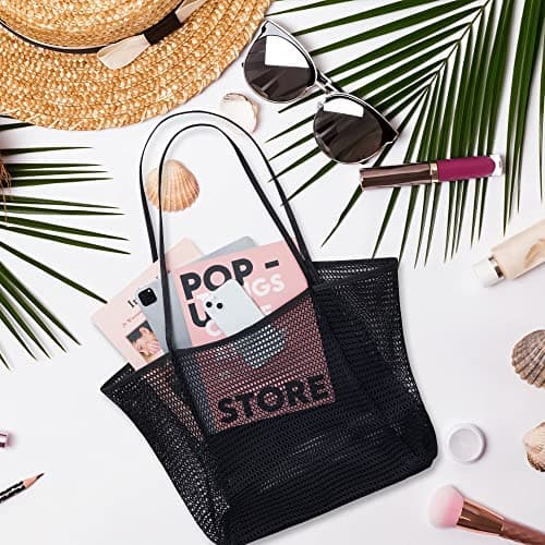flintronic Mesh Beach Bag, Summer Beach Bag Oversized Ladies Tote Bag Shoulder Bag with Zipper Pockets Mesh Nylon Bag, Perfect for Beach Party Travel Picnic Vacation Shopping - Black — view 3