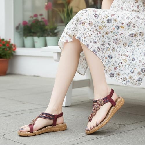 HARENCE Flat Sandals for Women Comfortable: Dressy Summer Bohemian Beaded Toe Ring Shoes - Zero Foot Pain for Casual Walking, Wine Red, 4 UK — view 3