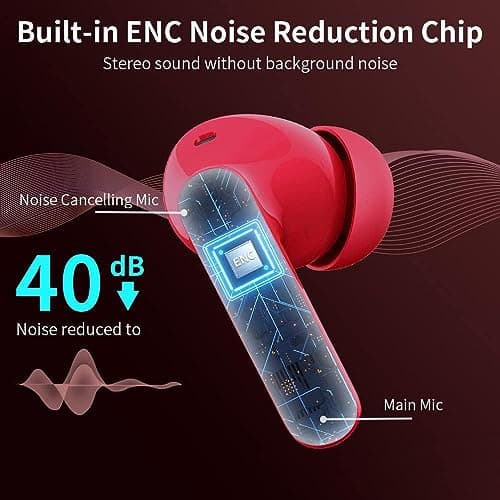 Wireless Earbuds, Bluetooth 5.4 Headphones In Ear with 4 ENC Mic, 2025 New Wireless Earphones Noise Cancelling Deep Bass, LED Display, Bluetooth Earbuds 36H Playtime, IP7 Waterproof Ear buds USB-C Red — view 4