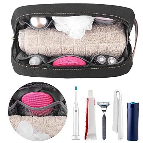Seemeroad Travel Toiletry Bag for Men and Women, Canvas Toiletry Organizer Water-Resistant Vegan Leather, Hanging Dopp Kit Shaving Bag for Toiletries Accessories (Black, Large) — view 4