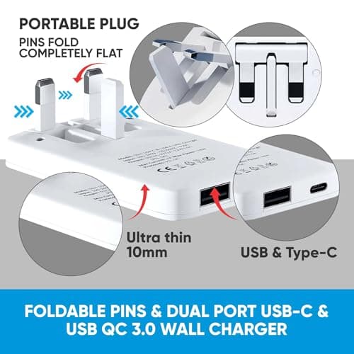 TWICK 20W Ultra Slim USB-C PD & USB QC 3.0 Fast Charger Folding UK Plug | USB Travel Adapter | for iPhone 16/15/14/13/12/11, for iPad, for Samsung Galaxy S24/23/22/S21/20/10/Z/Note 20/Ultra+ (WHITE) — view 2