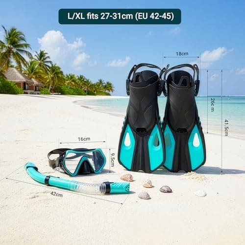 Snorkel Set Adults with Flippers, Snorkel Mask with Adjustable Open-Heel Swim Fins, Snorkeling Packages with Carrying Bag for Beginners and Snorkelers for Pool, Beach & Travel (Blue, L/XL) — view 4