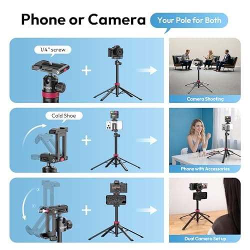 ULANZI MT-44 B [ 2026 UPGRADED] Auto Open Phone Tripod 59'', Four-Leg Stand with Dual Camera Set up, 360° Ball Head Cold Shoe 1/4" Thread, Selfie Stick Bluetooth for DSLR Action Cameras iPhone Samsung — view 3