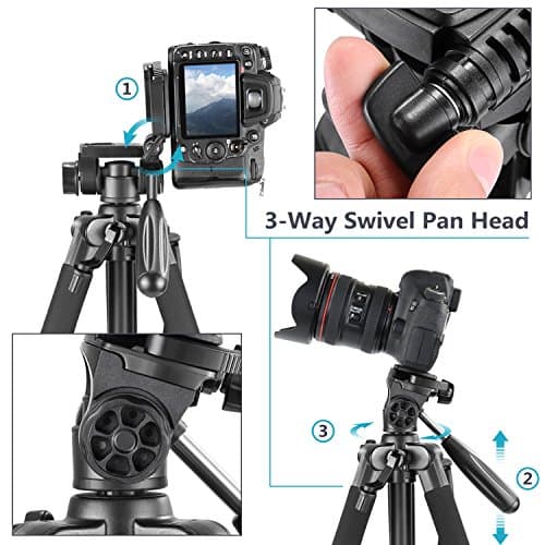 Neewer Portable Camera Tripod for Travel Vlogging, Professional Aluminum Heavy Duty Tripods with 3-Way Swivel Pan Head, Bag for DSLR Camera DV Video Camcorder Load up to 8.8 lb/4 kg Black(SAB234) — view 5