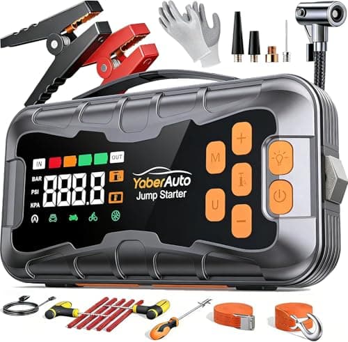 27000mAh Jump Starter Power Pack with Air Compressor 160PSI, Car Battery Booster Jump Starter (All Gas/14L Diesel/Hybrid) with Tire Repair Kit, Hook Stone, Tow Rope,Gloves, 2000 Lumen