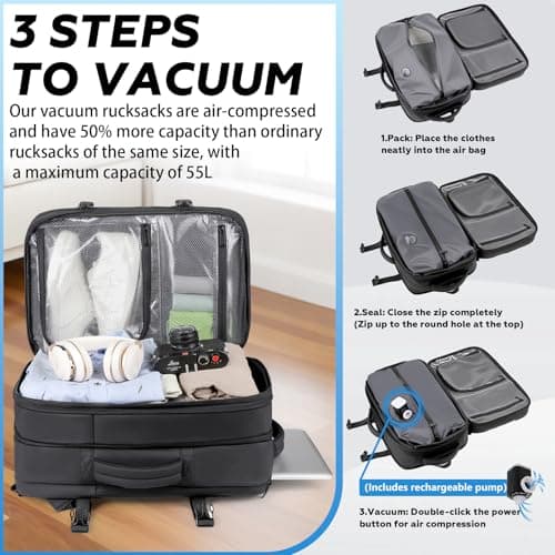 Vacuum Backpack Travel Bag with Pump, Easyjet Cabin Bag 45x36x20 Large Hand Luggage, 50L Black Backpacks with Laptop Compartment, Personalised Carry On Bag for Women Men Air Compression Backpack — view 3