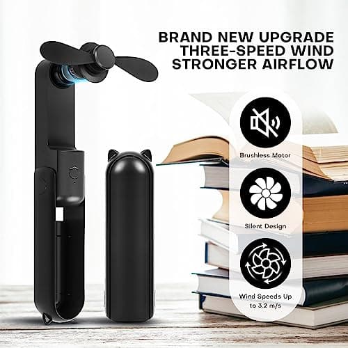 OHLGT Mini Handheld Fan, 3 Speeds Rechargeable Quiet [9-15 Working Hours], Portable USB Small Pocket Personal Fan With Power Bank for Travel, Outdoor or Indoor - All Black — view 2