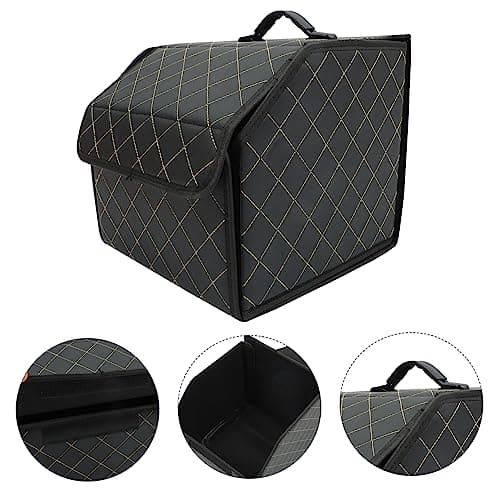 Luxshiny Car Trunk Organizer Pu Leather Storage Box Small Foldable Vehicle Trunk Container with Lattice Pattern Black Gold Line for Auto Boot Storage and Travel — view 2