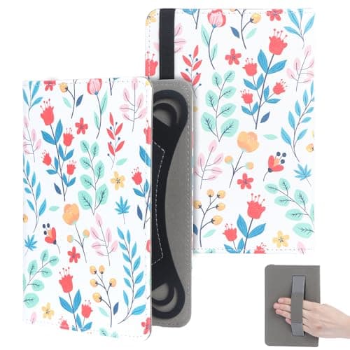 Universal Case for 6 Inch Kindle, Folio Ultra Slim Pu Leather Cover with Hand Strap Lightweight Shell Cover Compatible with Kindle 11th Generation 2024 E-Reader, White Flowers