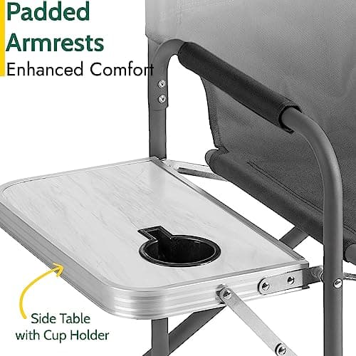 Trail Folding Directors Chair With Side Table, Cup Holder, Storage Pocket, Outdoor Camping Garden Seat, Storage Pocket, Padded Armrests, Heavy Duty Steel Frame,120kg Capacity (Black) — view 5