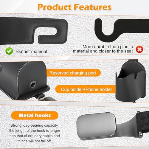 Qirc Car Seat Back Cup Holder, Multifunctional PU Leather Auto Storage Organizer with Headrest Hook, 3 in 1 Universal Car Hanging Drink Holder for Purse Phone Handbag Grocery Bags (Orange) — view 4