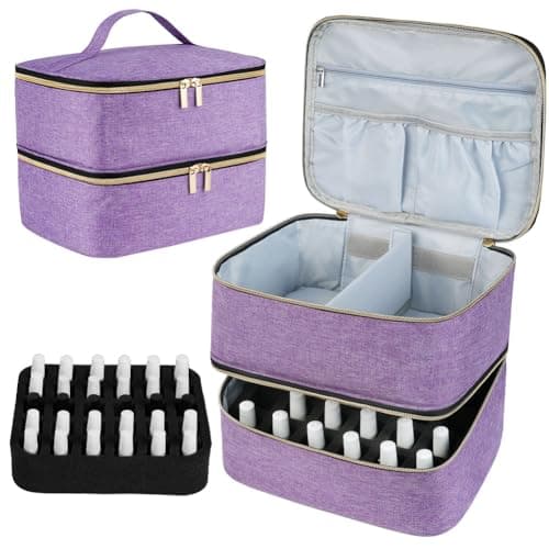 LOPHE Double-Layer Nail Polish Organiser, Double-Layer Travel Bag Storage Bags for 30 Bottles Nail Polish Lipstick and Nail Lamp, Portable Vanity Case with Nail Supplies Storage Sections (Purple)
