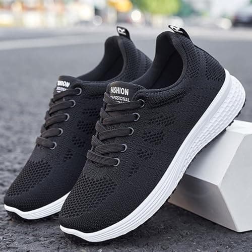 Women's Lightweight Breathable Trainers Running Gym Training Shoes Supportive Comfort with Arch Support Low Wedge Design Lace-up & Slip-on Walking, Hiking, Travel Black — view 3