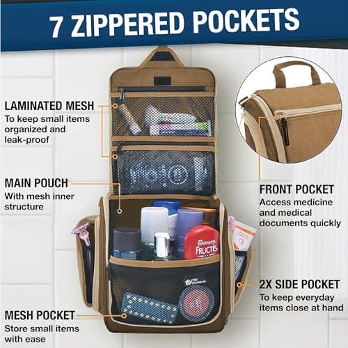 D&D Hanging Toiletry Bag for Women and Men, Large Travel Wash Bag, Brown — view 5