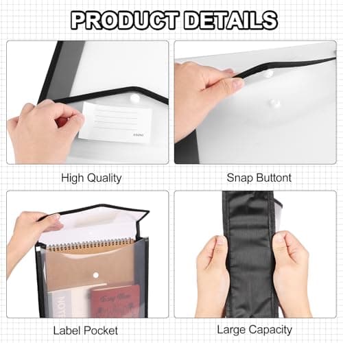 AOOSU A4 Plastic Wallets, 5pcs Popper Wallet Plastic Document, Vertical Folders Files Envelope for School Office Home, with Snap Closure and Card Slot — view 3