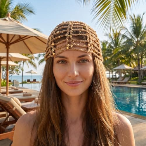 Ymapinc Crochet Hat, Sequin Crochet Skull Cap Hollow Mesh Boho Beanie Khaki — view 5