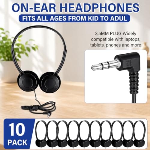 Konohan 10 Pack Bulk Wired On-Ear Headphones with 3.5mm Jack Adjustable Lightweight Individually Wrapped Headphones for Students Classroom School Library Office Travel (Black) — view 2