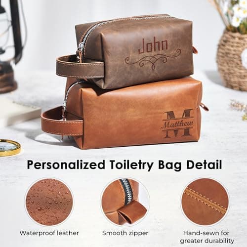 Personalized Men's Leather Toiletry Bag, Customized Name Portable Dopp Kit, Unique Custom Storage Bag, Personalized Gifts for Fathers Day Wedding Gift for Groomsmen Dad Best Man Husband — view 2