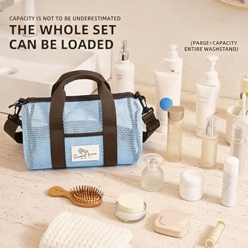 WANIXIA Mesh Shower Caddy Bag,Tote Mesh Beach Bag,Quick Dry Portable Tote Bags,Large-capacity Shoulder Storage Bage,Mesh Crossbody Bags,for the Beach,Shower,Swimming,Travel and Camping — view 6