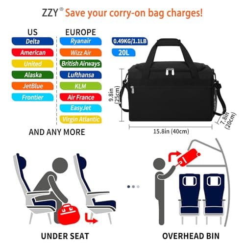 ZZY 20L Small Gym Bag Carry On Holdall, Black — view 4