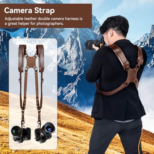Genuine Leather Dual Camera Harness, Adjustable Double Camera Sling Strap with Soft Shoulder Pad and Safety Rings, Professional Two Camera Carrier for Wedding Event Travel Photographers — view 5