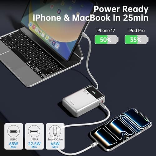 Hichain Laptop Power Bank 65W 20000mAh Portable Charger with Built-in USB-C Cable, 3-Port Fast Charging Battery Pack for MacBook iPhone 17 16/15 Series Android Switch Travel Essential Silver — view 5