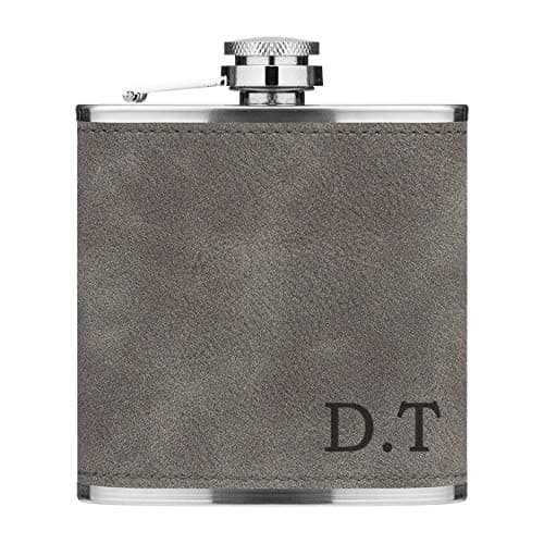 Personalised 6oz PU Leather Hip Flask Grey Custom Initials Premium Quality