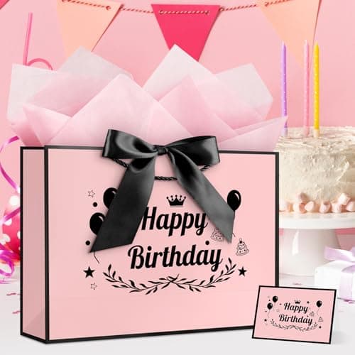 YoungTree Happy Birthday Gift Bag for Her, Medium Pink with Black Frame — view 2
