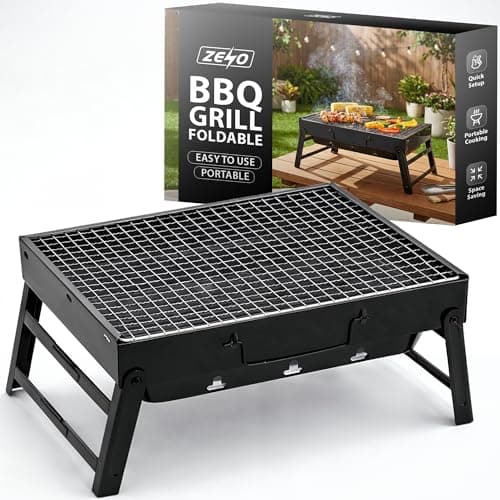 ZENO Portable BBQ Grill | Folding Charcoal Barbecue For Camping, Garden, Picnic | Tabletop Steel Mini Grill With Stable Fold Out Legs Wide Cooking Area And Travel Ready Design
