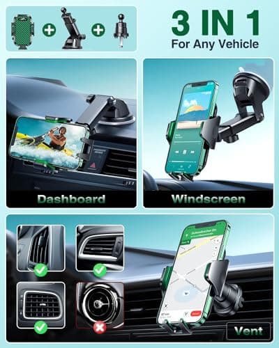 VANMASS 2026 BEST Car Phone Holder [Upgraded Suction&Clip] Military-Grade Rotatable Universal Mobile Mount for Dashboard Windscreen Vent, Van Stand Cradle for iPhone 17 16 15 Samsung,Green — view 2