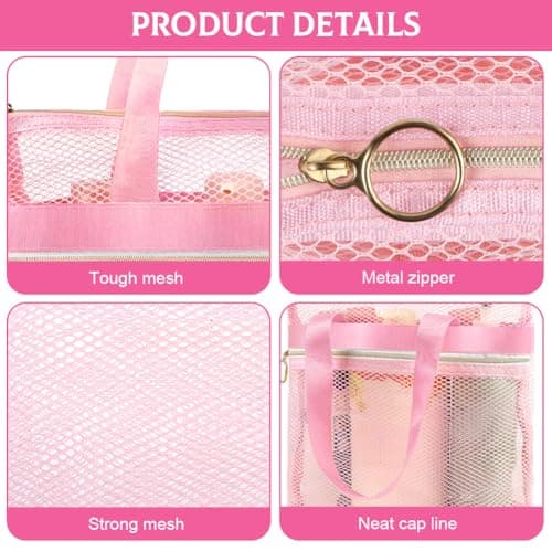 OSDUE Mesh Shower Caddy Bag, 2PCS Portable Toiletry Tote Hanging Wash Bag with Zipper, Quick Dry Shower Tote Bag for College Dorms, Gym, Swimming, Beach, Camping, Travel(Pink) — view 3
