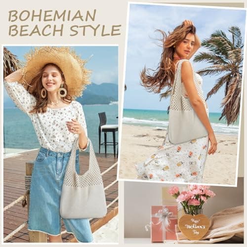 Adiwo Knitted Handbags for Women, Retro Hollow Tote Bag, Mesh Beach Bag, Crochet Beach Bag, Holiday Bags for Women, Bohemian Style for Holiday, Daily Work, Shopping, Travel (Beige) — view 2