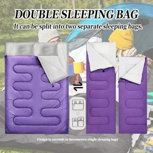 Sleeping Bag, 3-4 Season Double Sleeping Bag with 2 Pillows Camping Travel, Extra Large Lightweight Waterproof Indoor & Outdoor Use for Adults for Hiking, Backpacking and Camping (Purple Double) — view 3
